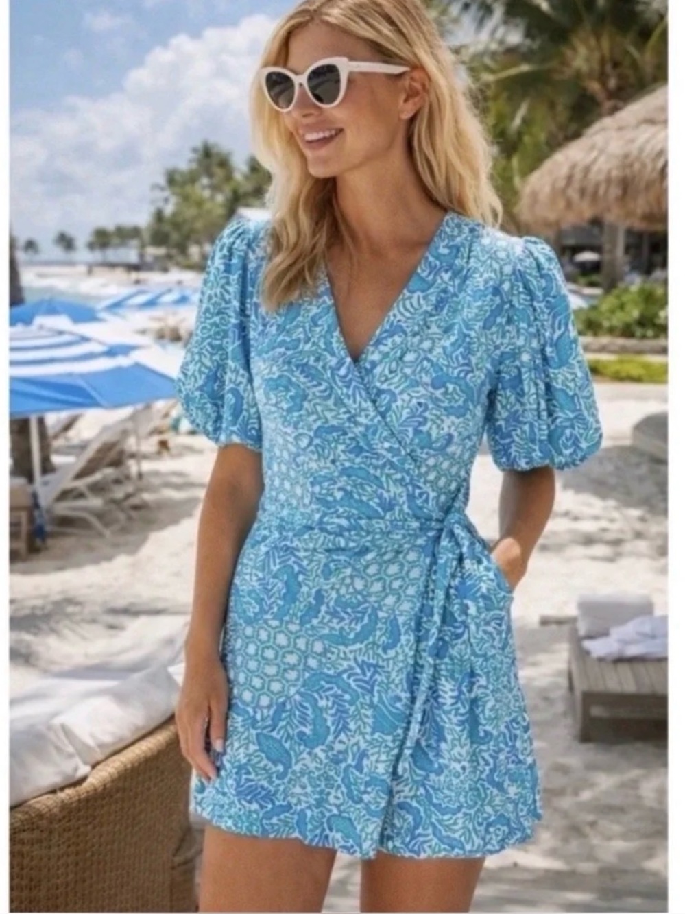 Lilly Pulitzer Sailynn Blue White Puff Sleeve Wrap Romper Large Vacation Resort